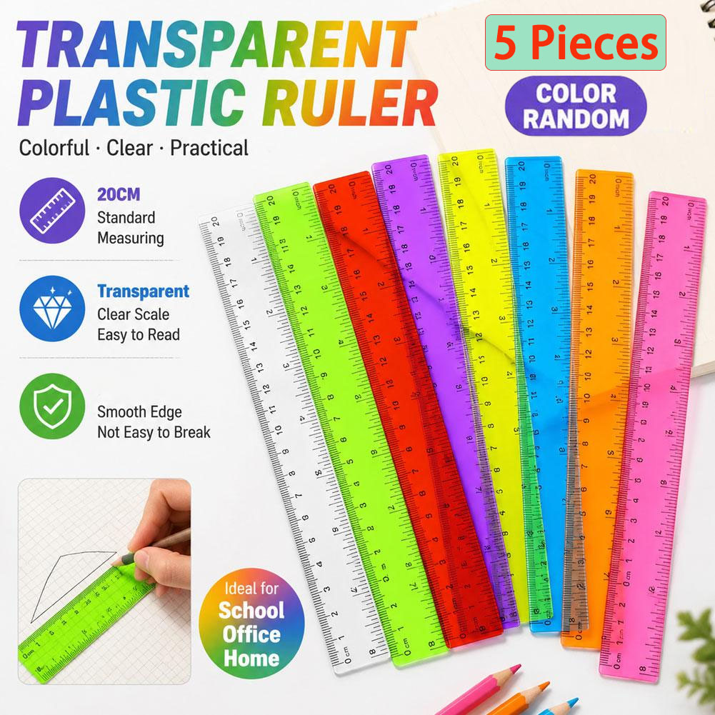 Ruler Set Transparent - ไม้บรรทัดพลาสติกสีสุ่ม 5 ชิ้น, อุปกรณ์วาดภาพสร้างสรรค์, ขนาด 20