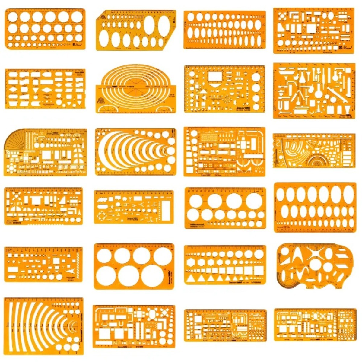 Ruler Set Transparent - ชุดแม่แบบการวาดภาพเรขาคณิตพร้อมไม้บรรทัดวัด - เครื่องมือพลาสติกใสสีเหลือง+กระเป๋าซิป PE แถมฟรี -