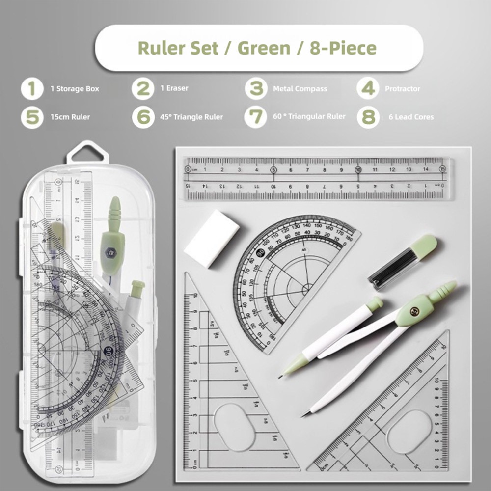 Ruler Set Transparent - 8 ชิ้น/เซ็ตไม้บรรทัดพลาสติกชุดเข็มทิศโปร่งใสยางลบวัดไม้บรรทัดชุดสแควร์ตรงไม้บรรทัดเครื่องมือโรงเรียนสํานักงาน